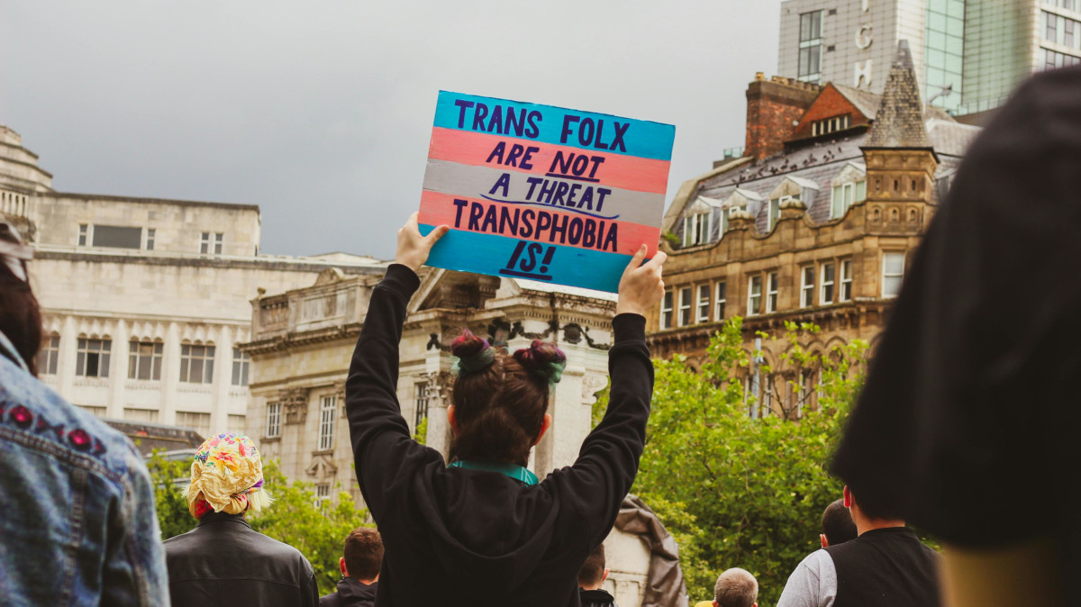 Image of a protest crowd, aimed at the backs of protesters, with someone holding up a sign that says 'TRANS FOLX ARE NOT A THREAT. TRANSPHOBIA IS!'